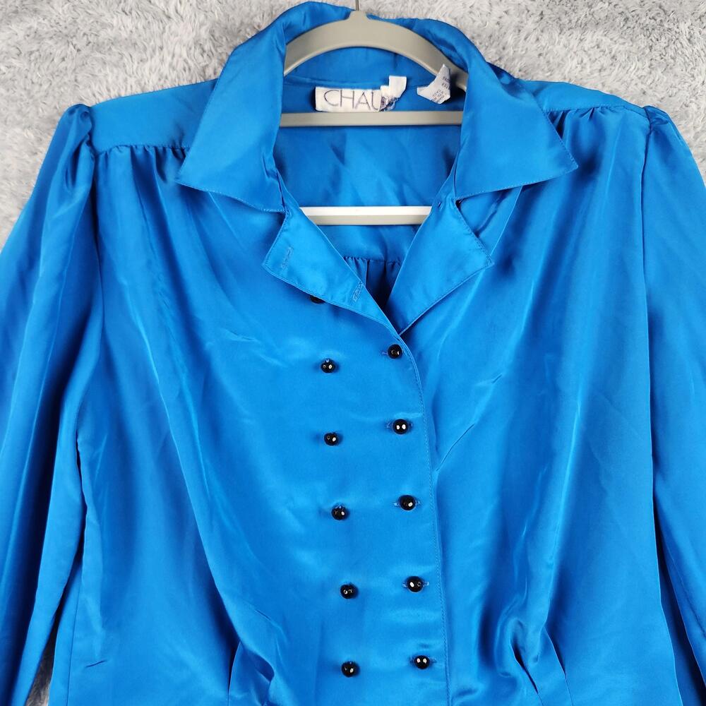 Vintage Chaus Blouse Womens 10 Blue Satin Double Breasted Puff Sleeve Top 80s